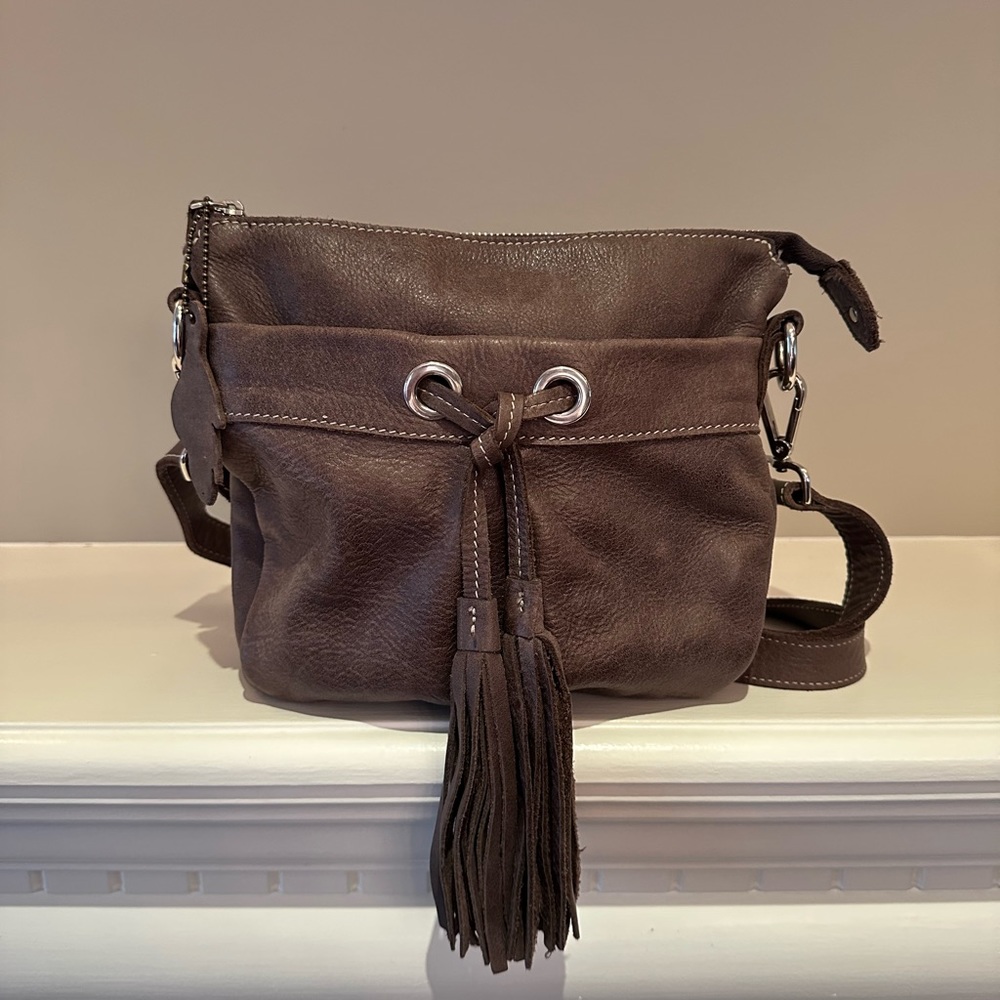 Roots Brown Leather Tassel Crossbody Bag